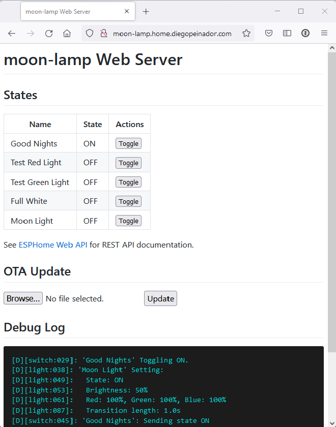 Screen capture of a browser displaying the moon lamp web server