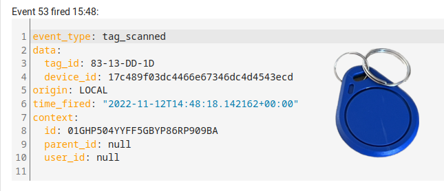 Screenshot of the home assistant tag_scanned event of an old tag