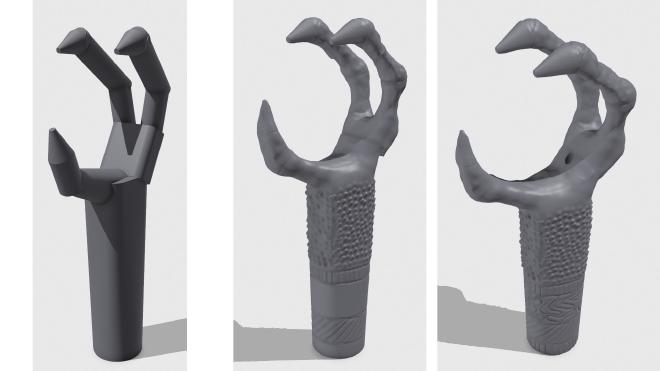 Composite of 3 images in different stages of the process. From left to right: basic forms and sharp edges, more organic
but still some fractures are present, final design displaying the hole for the cables.