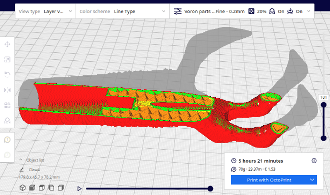 Screenshot of Cura displaying the layers, at about 30% of progress